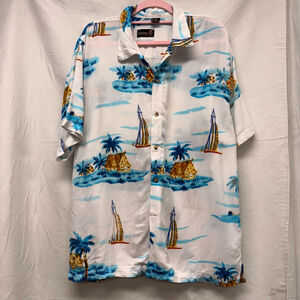 Men's THUMS UP Hawaiian Button Down Shirt L White Blue Tropical